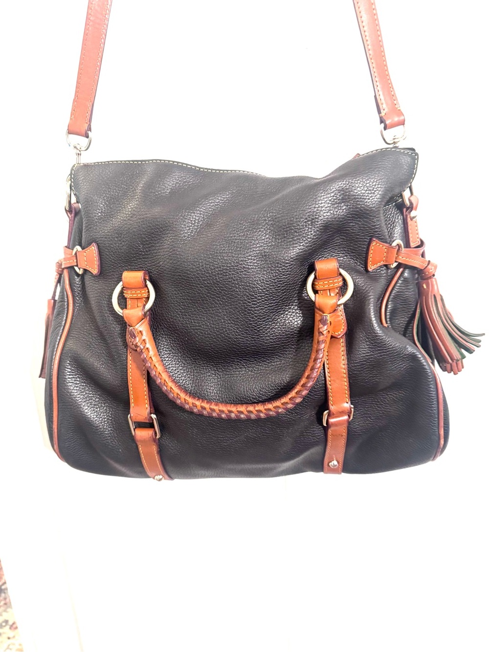 Dooney & Bourke Large Black Leather Satchel with Brown Trim - Picture 5 of 12